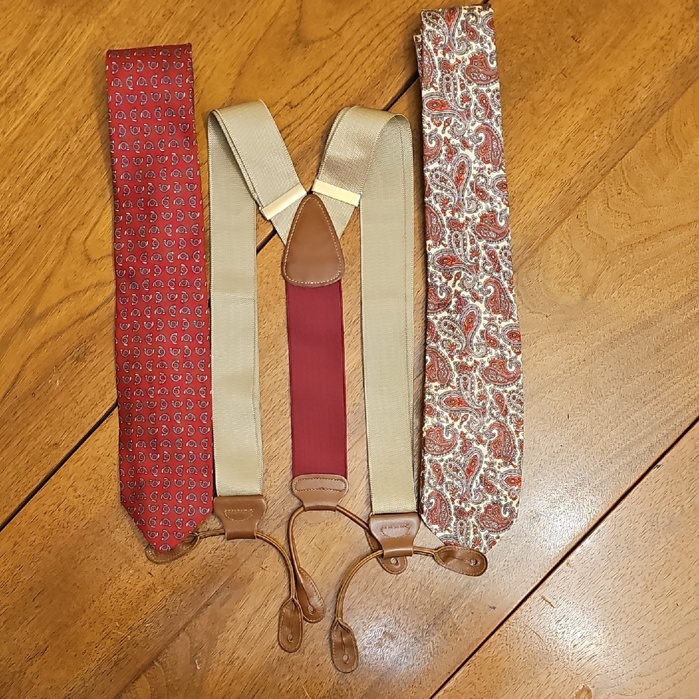 Vintage Trafalgar Beige and Burgundy Men's Suspenders with Leather Trim